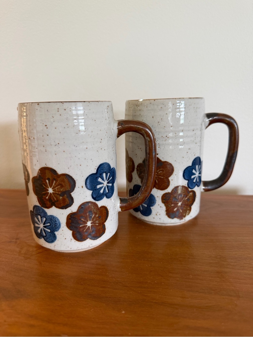 Vintage Blue & Brown Floral Stoneware Mug Pair